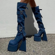 Lace Up Skull Buckle Denim Over the Knee High Heeled Boots