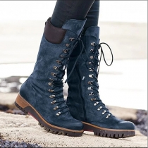 Front Lace Up Mid Leather Boots with Side Zip Rider Boots