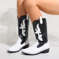 Black and White Flame Knight Boots Pointed Toe Thick Heel Boots