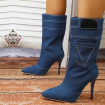 Thin Heeled Denim Boots Pointed Toe Knight Style Knee High Boots