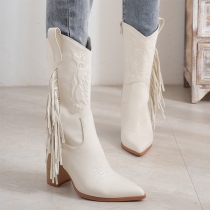 Pointed Toe Mid Calf Knight Boots with Embroidered Tassels