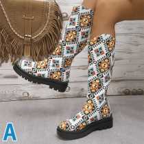Round Toe Wedge Heels Painted Zipper Long Boots