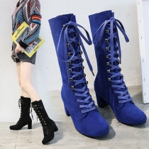 Round Toe Mid-Calf Boots Front Lace Up with Cross Strap Design