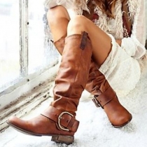 Fashionable Faux Leather Buckle Decor Platform Ankle Boots with Chunky Block Heels