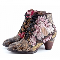 Retro Leather Boots Embroidered Design with High Heels