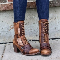 Pointed Toe Lace Up Mid Calf Boots High Heel Martin Style Leather Boots