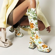 Bohemia Style Floral Printed Square-toe Block Heeled Boots
