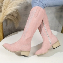 Pink Embroidered Knee High Boots with Thick Block Heels
