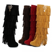 Knee High Heeled Boots with High Tassels
