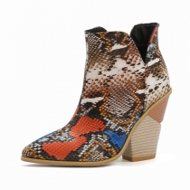 Snakeskin Patterned Pointed Toe High Heel Short Boots