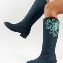 High Top Embroidered Mid Heel Pointy Toe Boots