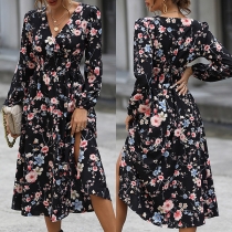 Fresh Style Floral Printed V-neck Long Sleeve Midi Dress