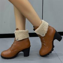 Round Toe Knight Ankle Boots Lace Up  Boots with Thick High Heels