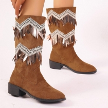Retro Knight Ankle Boots with Thick Heels and Tassel Details