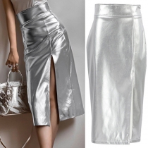 Fashion Artificial Leather PU Slit High-rise Pencil Skirt