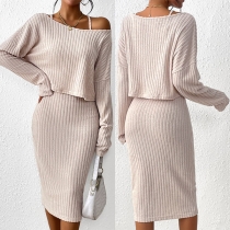 Fashion Ribbed Two-piece Set Consist of Round Neck Shirt and Pencil Skirt