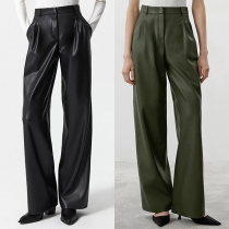 Fashion Solid Color Artificial Leather PU Wide-leg Pants
