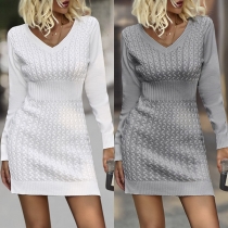 Fashion Solid Color V-neck Long Sleeve Ribbed Sweater Dress