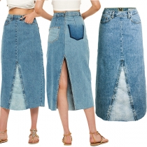 Fashion Old-washed Patch Spliced Denim Skirt