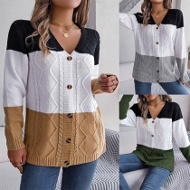 Fashion Contrast Color Knitted V-neck Long Sleeve Cardigan