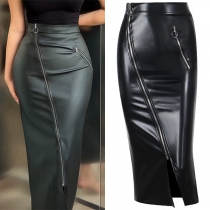 Street Fashion Slant Zipper High-rise Pencil Skirt