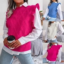 Fashion Solid Color Round Neck Ruffled Sleeveless Knitted Vest