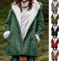 Fashion Solid Color Horn Buckle Plush Lined Hooded Jacket