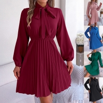 Fashion Solid Color Self-tie Mock Neck Long Sleeve Pleated Dress