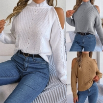 Fashion Solid Color Mock Neck Open Shoulder Long Sleeve Knitted Sweater