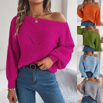 Fashion Solid Color One-shoulder Lantern Sleeve Knitted Sweater