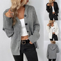 Casual Solid Color Buttoned Long Sleeve Drawstring Hooded Knitted Cardigan