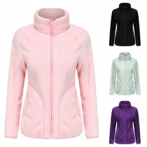 Fashion Solid Color Long Sleeve Stand Collar Front Zipper Reversible Plush Jacket for Women