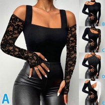 Fashion Lace Spliced Long Sleeve Cutout Slim-fit Shirt