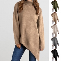 Fashion Solid Color Turtleneck Long Sleeve Irregular Hemline Sweater