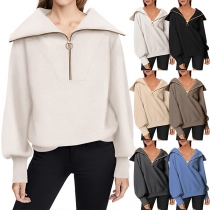 Fashion Solid Color Half-zipper Lapel Collar Long Sleeve Sweatshirt
