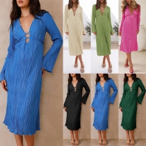 Sexy Solid Color Long Sleeve V-neck Criss-cross Self-tie Ribbed Dress