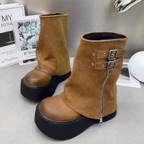 Soft Leather Short Boots with Large Round Toes