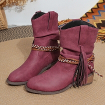 Mid Calf Boots with Chunky Mid Heel and Pleated Tassel Detail