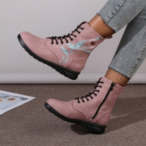 Embroidered Round Toe High Top Lace Up Ankle Boots