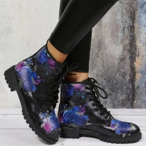 Embroidered Round Toe High Top Lace Up Ankle Boots