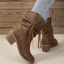 Mid Heel Ankle Boots with Thick Block Heel and Pleated Detail