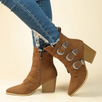 Pointed Toe Short Ankle Boots with Belt Buckle High Frosted Heel and Thick Sole