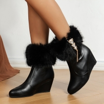 Faux Fur Wedge Boots with Rhinestone Cuffs for Women