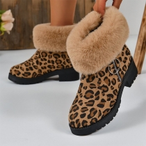 Leopard Print Faux Fur Lined Ankle Boots Cute Short Snow Boots with Thick Cotton