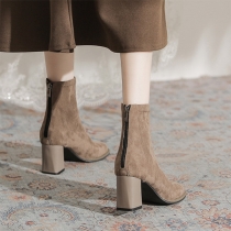 Suede Mid Calf Short Boots with Square Toe Chunky Heel