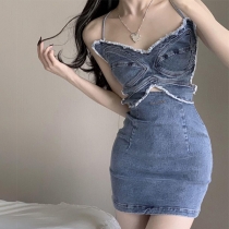 Butterfly Top Denim Dress with Hip Covering Short Skirt