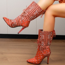 Mid Calf Lace Up Boots with Retro Bohemian Pattern