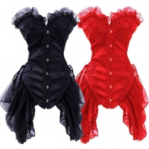 Vintage Floral Embroidery Lace Spliced Gauze Lace-up Strapless Corset Shirt