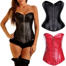 Sexy Solid Color Front Zipper Back Lace-up Artificial Leather PU Strapless Corset Shirt