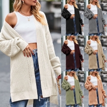 Fashion Solid Color Long Sleeve High-low Hemline Knitted Cardigan